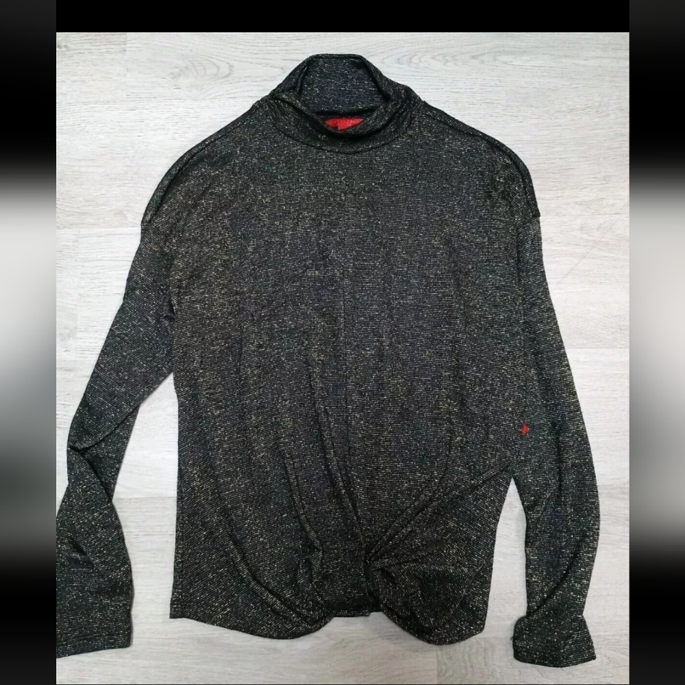 Jennifer Lopez Black Metallic Mock Neck Long Sleeve Top Blouse Party Size M